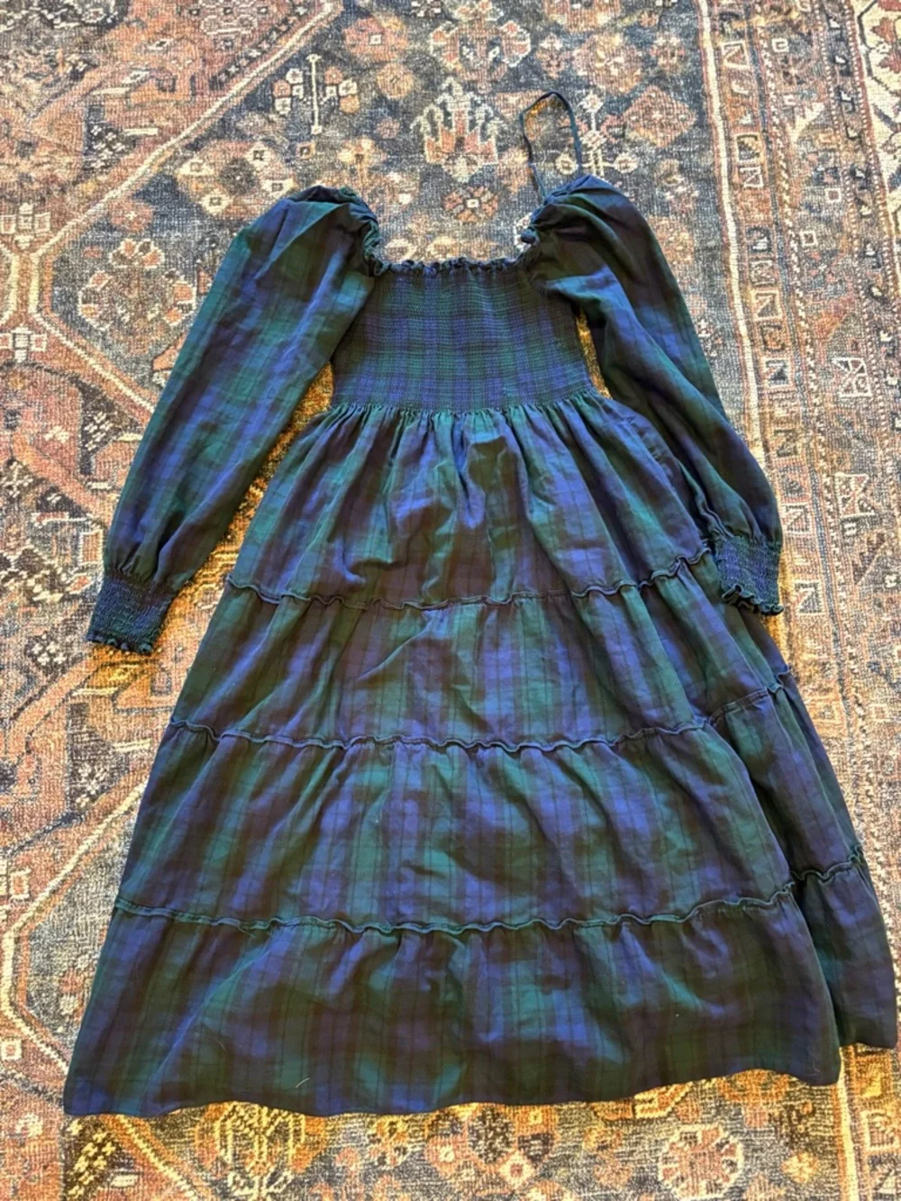 Hill House Nap Dress Blackwatch Plaid Smocked Tiered Maxi Dress - Navy & Green - Picture 3 of 6